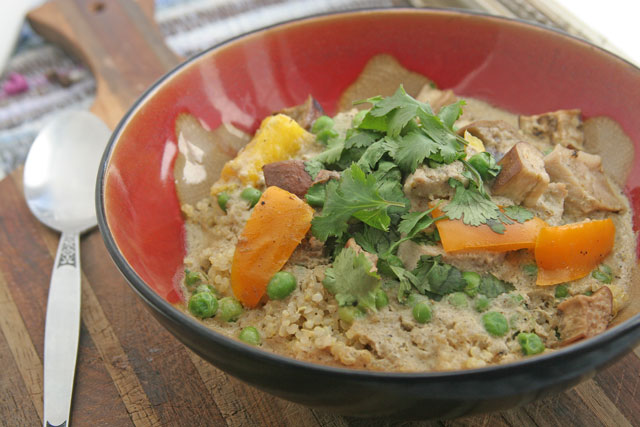 Green Curry with Pork, Peas, Eggplant,and Bell Peppers over Quinoa