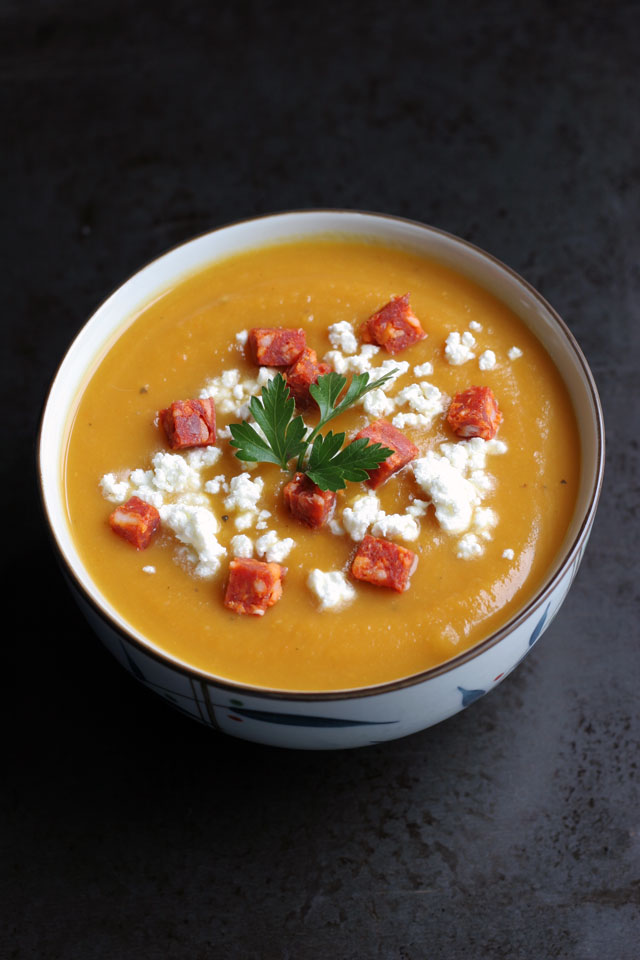Butternut Squash Pear Soup with Chorizo and Goat Cheese