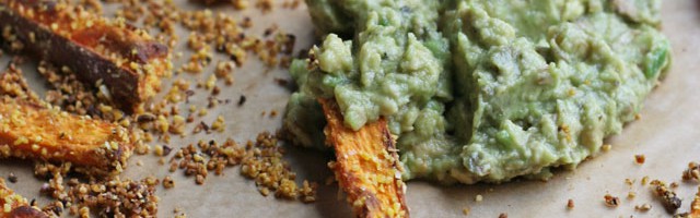 Cornmeal Crusted Sweet Potato Baked Fries with Avocado Lime Dip