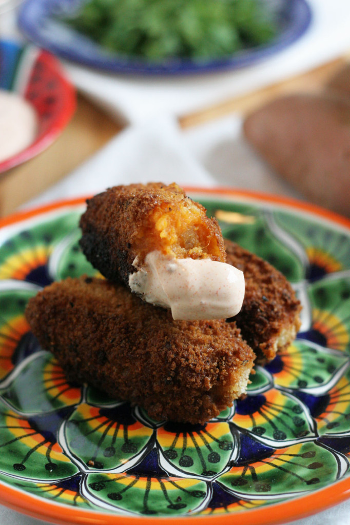 Sweetpotato Manchego Cheese and Chorizo Croquette with Paprika Yogurt Sauce