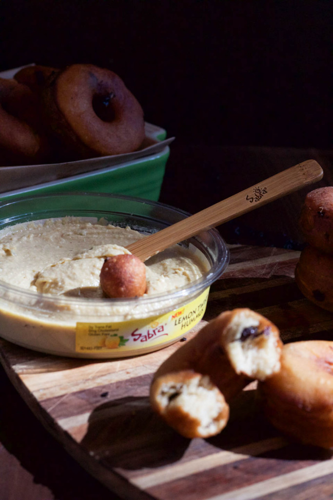 Roasted Garlic Hummus Currant Donuts