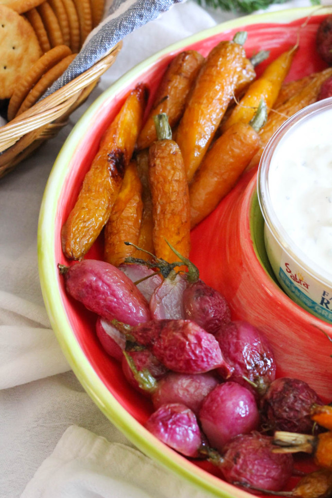 Roasted Radishes and Carrots with Greek Yogurt Dip 