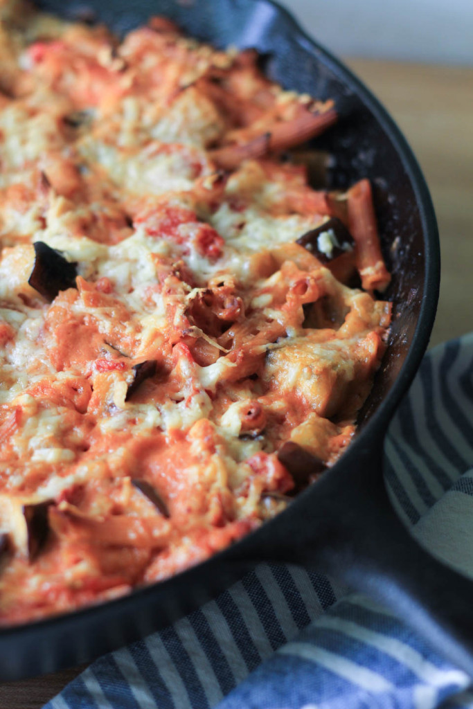 Lentil Pasta Bake with Eggplant Tomato and Goat Cheese