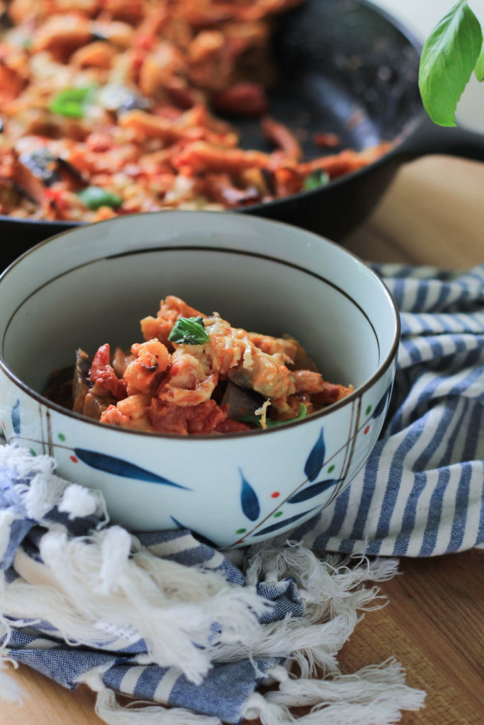 Lentil Pasta Bake with Eggplant Tomato and Goat Cheese