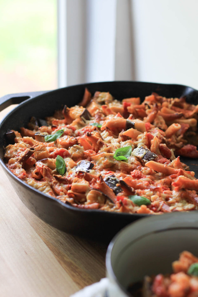 Lentil Pasta Bake with Eggplant Tomato and Goat Cheese