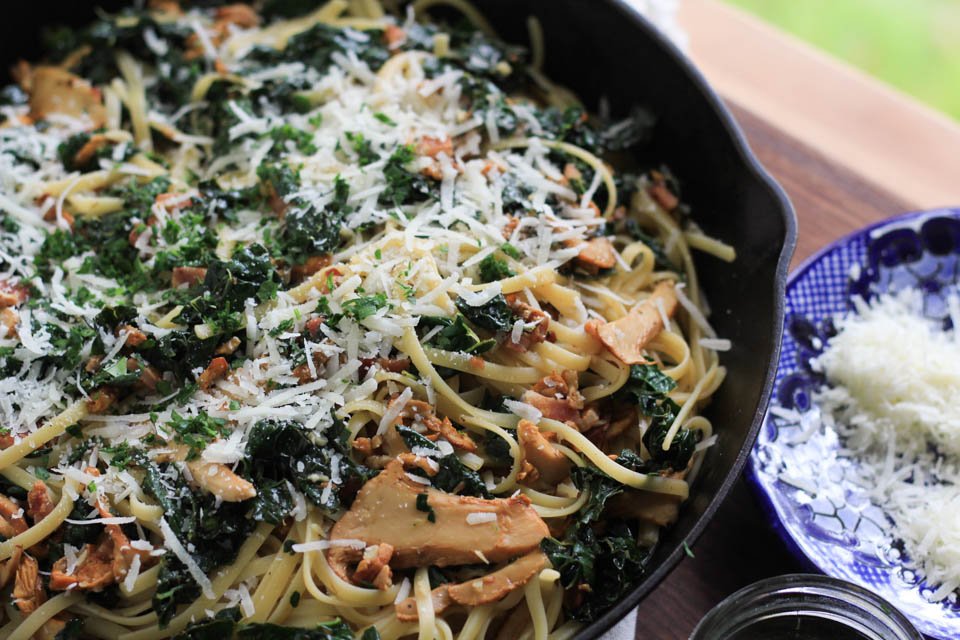 Linguine with Bacon, Kale, and Chanterelles