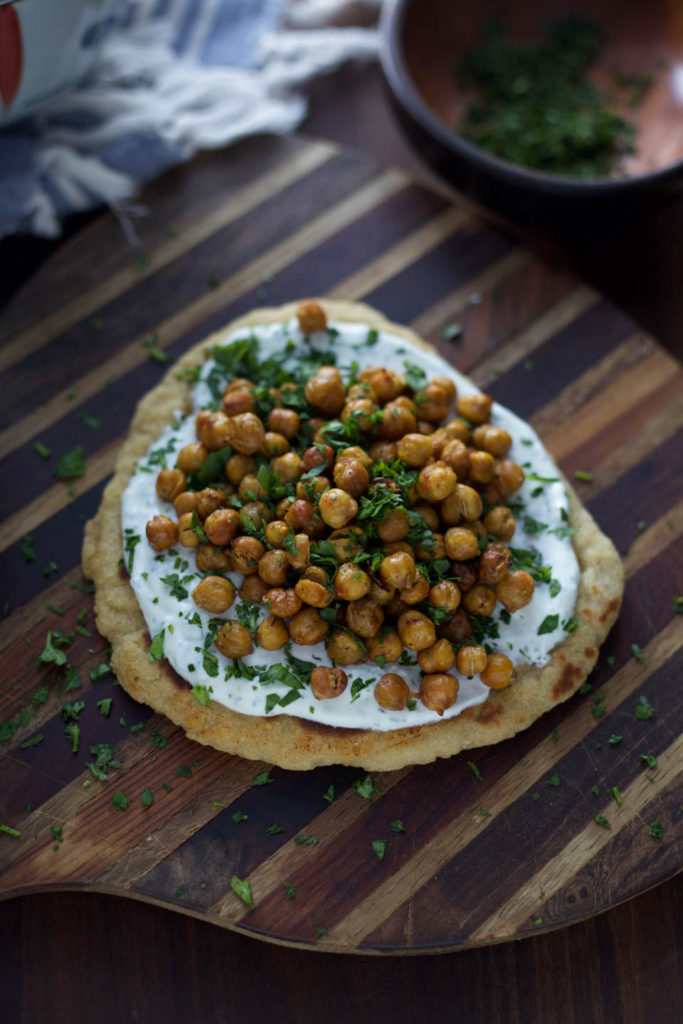 Whole Wheat Honey Flatbread with Herb Yogurt and Roasted Chickpeas