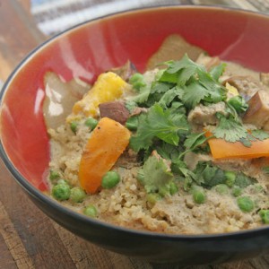 Green Curry with Pork, Peas, Eggplant,and Bell Peppers over Quinoa