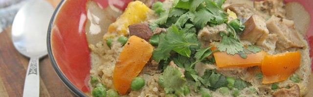 Green Curry with Pork, Peas, Eggplant,and Bell Peppers over Quinoa