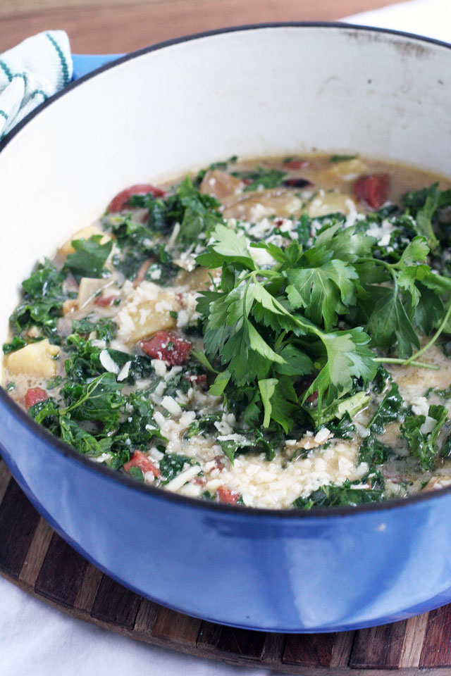 Sweet Potato Soup with Chicken Sausage and Kale