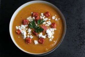 Butternut Squash Pear Soup with Chorizo and Goat Cheese:: not just baked