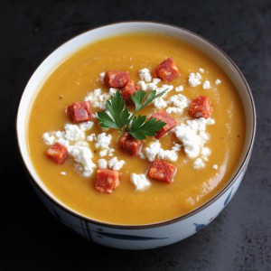 Butternut Squash Pear Soup with Chorizo and Goat Cheese:: not just baked