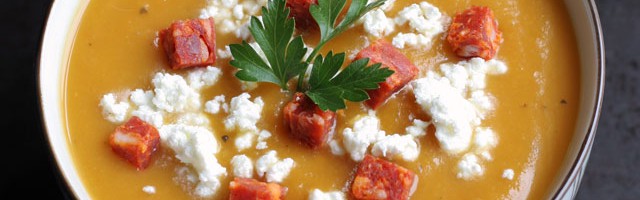 Butternut Squash Pear Soup with Chorizo and Goat Cheese:: not just baked