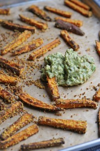 Cornmeal Crusted Sweet Potato Baked Fries with Avocado Lime Dip