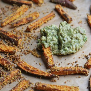 Cornmeal Crusted Sweet Potato Baked Fries with Avocado Lime Dip