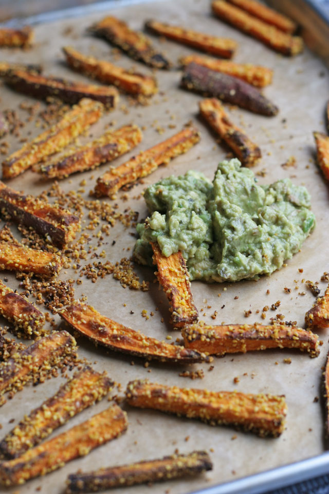 Cornmeal Sweet Potato Baked Fries with Avocado Lime Dip