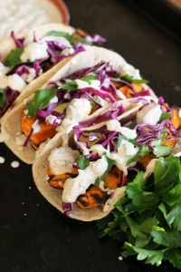 Grilled Yam Tacos with Roasted Poblano Yogurt Sauce