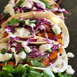 Grilled Yam Tacos with Roasted Poblano Yogurt Sauce