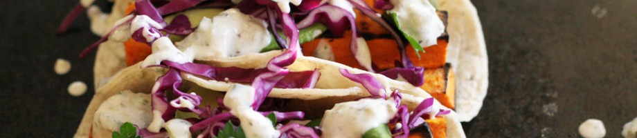 Grilled Yam Tacos with Roasted Poblano Yogurt Sauce