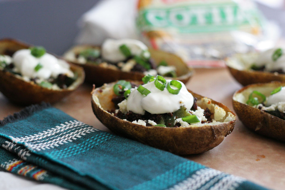 Cotija Cheese, Chorizo, and Roasted Poblano Potato Skins