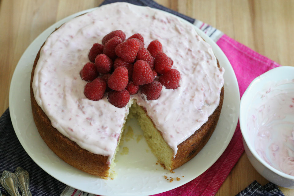 Lemon Cake with Raspberry Creme Fraiche Frosting