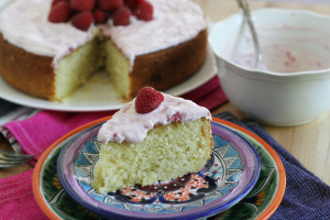 Lemon Cake with Raspberry Creme Fraiche Frosting