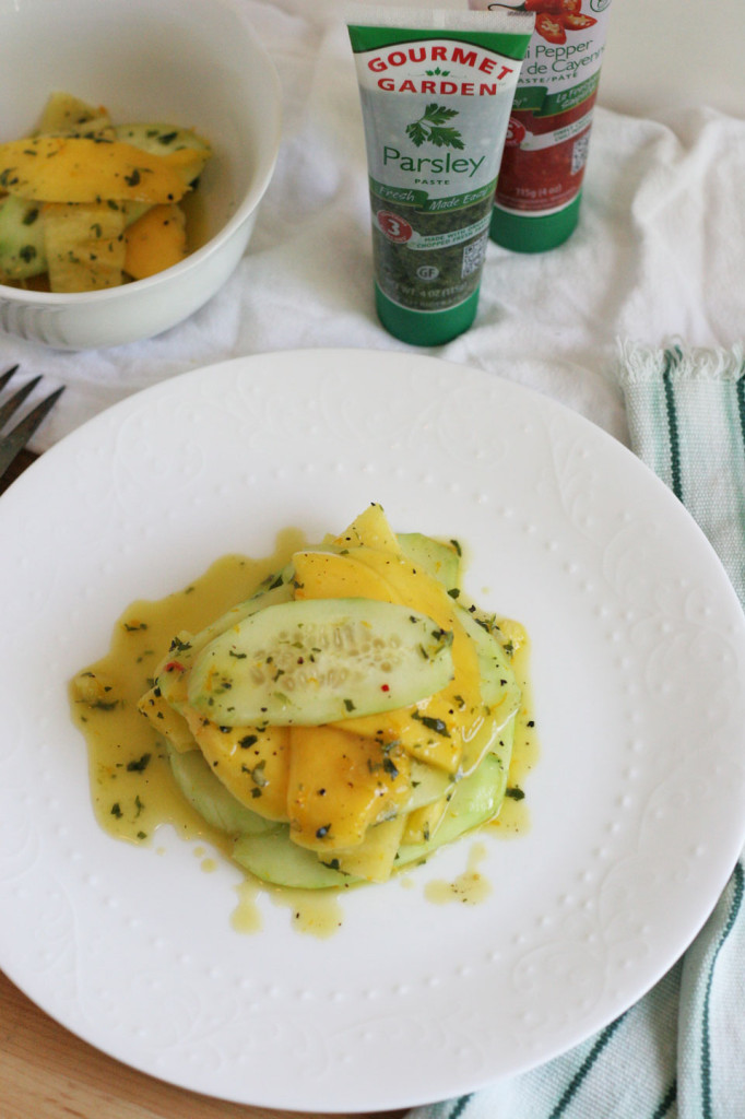 Cucumber, Mango, Pineapple Salad with Parsley Orange Dressing