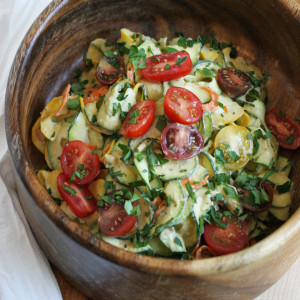 Zucchini Noodles, Heirloom Tomatoes and Pine Nut Hummus Dressing