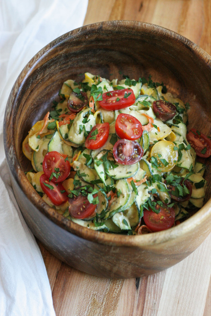 Zucchini Noodles, Heirloom Cherry Tomato with Sabra Pine Nut Hummus Dressing