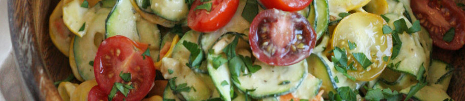 Zucchini Noodles, Heirloom Tomatoes and Pine Nut Hummus Dressing