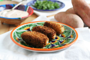 Sweetpotato Manchego Cheese and Chorizo Croquette with Paprika Yogurt Sauce