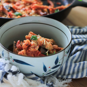 Lentil Pasta Bake with Eggplant Tomato and Goat Cheese