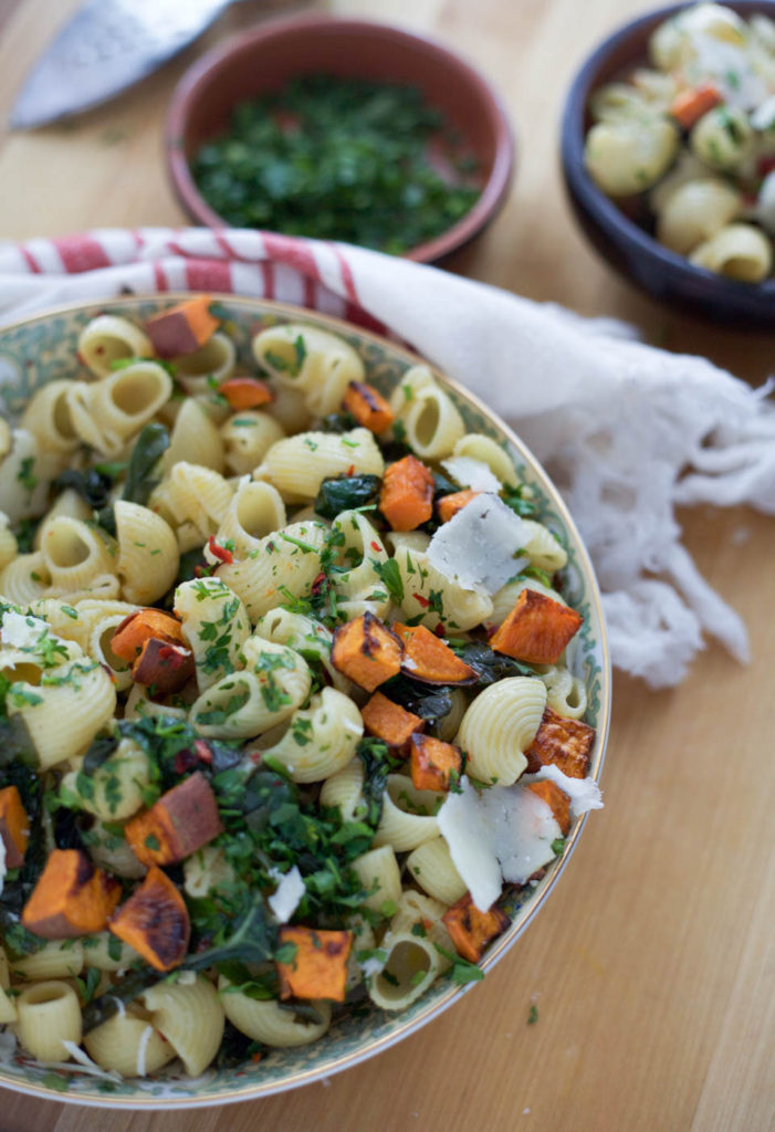 Crispy Sweet Potato and Sautéed Chard Pasta